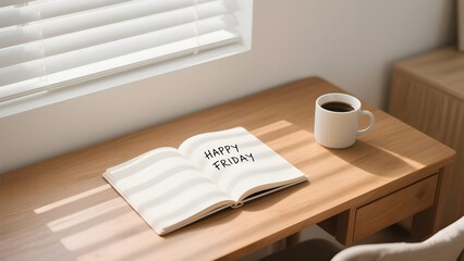 Happy Friday Handwritten on Notebook with Morning Sunlight and Coffee Cup on Wooden Desk