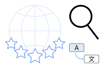 Magnifying glass exploring global network, five stars, and translation interface. Ideal for translation, language, globalization, search, quality communication and technology. Simple flat metaphor