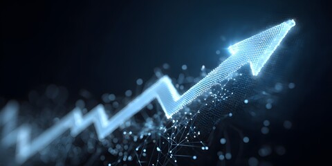Abstract glowing blue upward trending arrow composed of light particles symbolizing financial growth and positive economic progress in a dark digital environment
