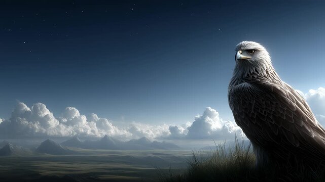Eagle Standing on Peak Overlooking Majestic Mountains