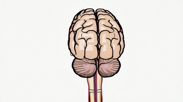 Colorful anatomical illustration of the human brain rotating, featuring the sagittal section and major neurological components.