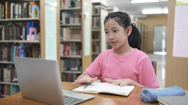 Laptop, headset and online learning with a child talking for presentation, lesson or reading speech. Young girl student with tech for online education, video call and development or virtual class.