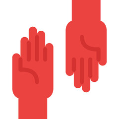 Two stylized red hands raised against a transparent background symbolizing help or questioning with a minimalist flat design aesthetic