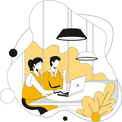 Two People Working Together On Laptops In A Bright Office Space With Yellow Accents And Abstract Shapes Around Them Representing Collaboration And Productivity