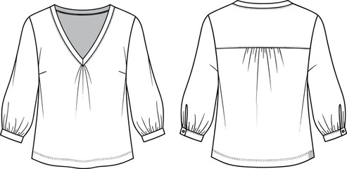 Women's V-neck blouse technical flat sketch, stylish long sleeve top with pleated front and cuff detail, cad drawing flat vector illustration