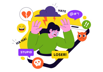 Cyberbullying Illustration Featuring Online Harassment, Network Abuse, and Negative Internet Influence Such as Insults, Swearing, and Verbal Abuse
