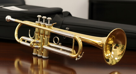 Gleaming brass and silver trumpet poised on a polished surface, awaiting its next melodic performance and the musician's breath, embodying the elegance of sound
