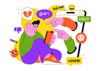 Cyberbullying Illustration Featuring Online Harassment, Network Abuse, and Negative Internet Influence Such as Insults, Swearing, and Verbal Abuse