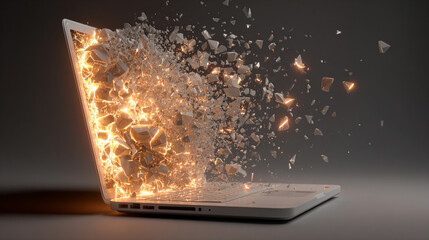 A hyperrealistic laptop screen shatters into glowing shards, suspended mid-air. Fragments emit vibrant light, capturing dynamic motion, digital disruption, and futuristic energy in a dramatic tech-ins