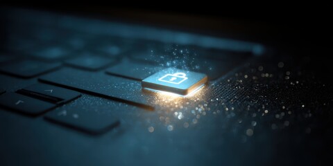 Gamification concept shows Illuminated keyboard key with sparkling effects on a dark background.