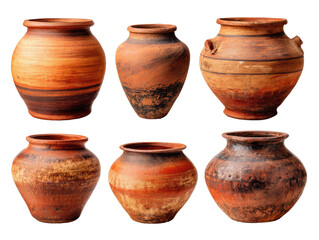 Six terracotta pottery jars, various shapes and designs