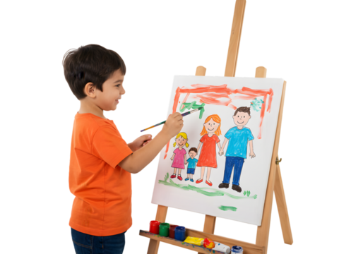 Young Boy Painting on Easel on transparent background