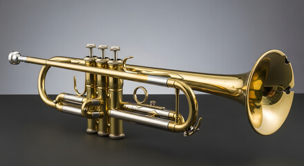A gleaming golden brass trumpet with silver accents, a classic wind instrument for orchestra and jazz music, isolated on a dark background