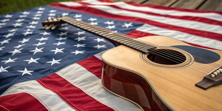 Acoustic guitar rests on a draped american flag symbolizing patriotism and the spirit of american music and culture