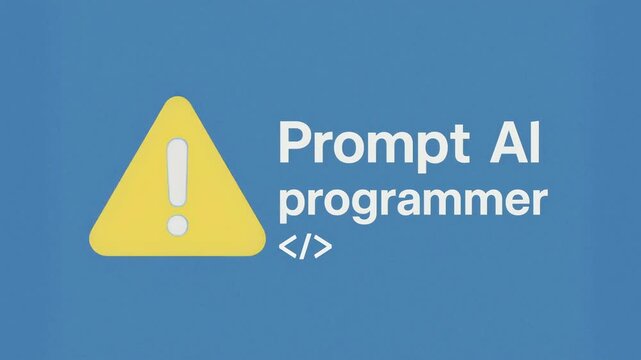Warning triangle exclamation sign blue background developer coder prompt AI programmer writes warning about safe code and testing prompt AI