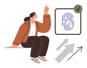 Woman seated pointing upward with framed fingerprint icon and growth arrows, suggesting security, biometrics, growth, success, verification, technology, and innovation. Ideal for concepts thumbs up