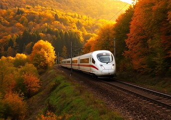 High-Speed Train Journey Through Autumn Forest A Scenic Rail Adventure in Vibrant Fall Colors