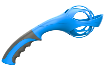 Blue and gray plastic ball thrower for playing with a pet on a transparent background