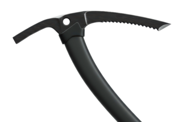 Black mountaineering ice axe for climbing on snow and ice on a transparent background