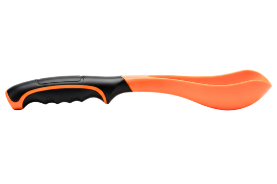 Orange and black plastic utility scoop with ergonomic handle on a transparent background