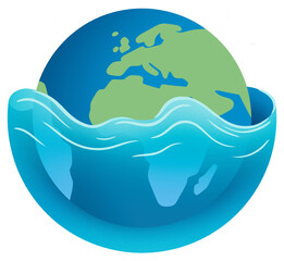 Planet Earth Partially Submerged in Pixelated Blue Water Under Dark Textured Sky