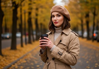 Autumn Elegance Woman in Beret with Coffee Amidst Fall Foliage