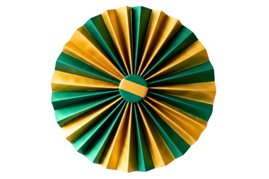 Green and gold pleated paper fan rosette for party decoration on a transparent background