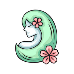 Profile Portrait Of A Woman With Flowing Mint Green Hair Adorned With Pink Flowers Against A Clean Transparent Background