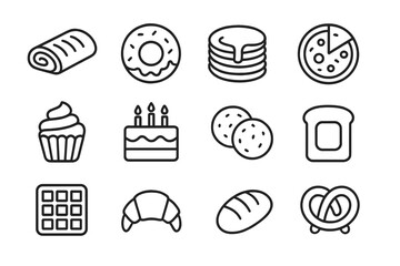 Bakery simple line icons set. Pastry, dessert and baking outline pictograms. Vector collection of bread, cake, donut, cookie, waffle, pancake, pizza, toast, croissant.