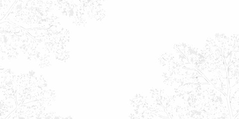 Minimalist white background with delicate grey tree branches and scattered leaves in corners