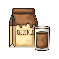 Pixel Art Style Chocolate Milk Carton and Glass with Brown Liquid Beverage on a Transparent White Background