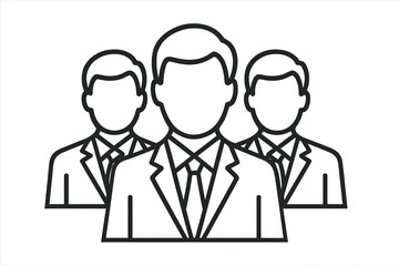 Business team icon of three men in formal suits. Group of businessmen concept for corporate leadership, management, or professional staff. Vector line art avatar symbol.
