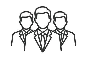 Business team vector icon. Group of three men in formal suits. Line art illustration of businessmen collaboration, leadership, and partnership. Corporate professional staff concept.