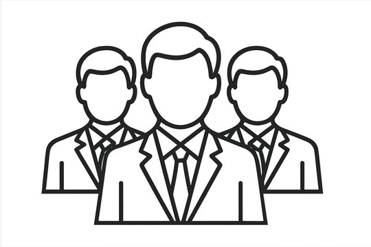 Business team icon of three men in formal suits. Group of businessmen concept for corporate leadership, management, or professional staff. Vector line art avatar symbol.