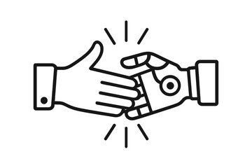 Human and robot handshake vector icon. AI partnership. Man and machine collaboration. Future technology, synergy, agreement, and artificial intelligence innovation concept.