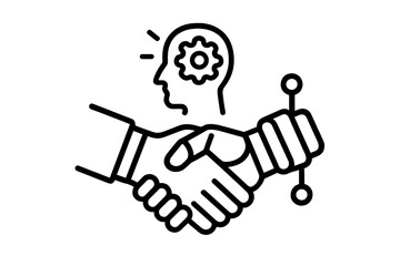 Human and robot handshake vector icon. AI collaboration, man and machine partnership. Artificial intelligence cooperation concept. Future technology, automation, innovation deal.