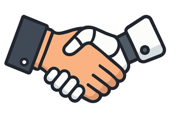 Human and robot handshake vector icon. Artificial intelligence concept. Man and machine partnership. AI benefits, technology, future, agreement, collaboration, deal, synergy.