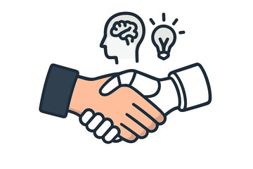 Human and robot handshake vector icon. Artificial intelligence partnership concept. Man and cyborg shaking hands. Future technology, innovation, AI benefits and collaboration idea.