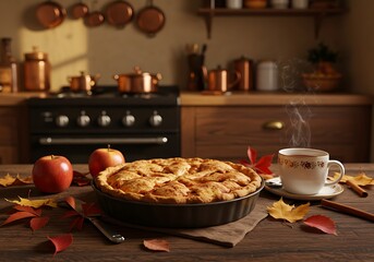 Aromatic homemade apple pie with a golden crust, surrounded by autumn leaves and a steaming cup of hot tea in a warm, rustic kitchen setting