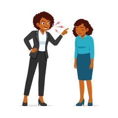 Obraz premium African American woman boss scolding employee with angry expression at workplace