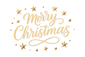 Merry Christmas golden calligraphy greeting. Elegant handwritten Xmas script lettering with gold stars decoration. Festive holiday vector illustration for invitation or card design.