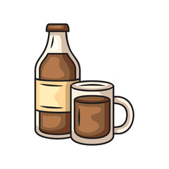 Pixelated Chocolate Beverage in Bottle and Mug on Transparent Background with Light Brown Liquid and Creamy Foam