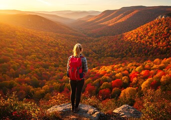 Woman Hiker Admiring Fall Foliage from Mountain Top A Stunning Autumn Landscape