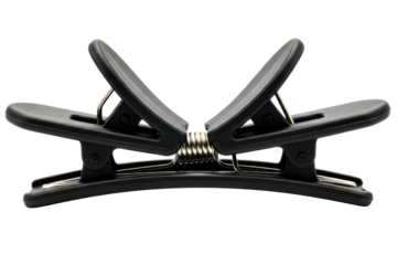 Black plastic butterfly clamp with a strong metal spring on a transparent background