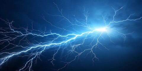 Vibrant blue lightning bolt crackles and illuminates a dark cosmic background with intricate energetic branches radiating outwards