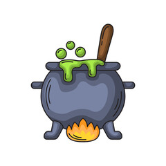 Pixelated Halloween Cauldron With Bubbling Green Potion And Wooden Ladle On A Transparent Background With Flames Underneath