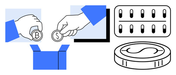 Hands holding cryptocurrency coins with Bitcoin and Dollar symbols putting them in a box. Blockchain ledger and coin imply cryptocurrency, savings, finance, or investment. Ideal for fintech