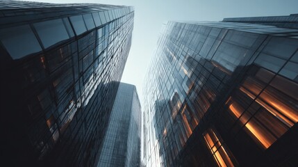 Low angle view of modern skyscrapers against a bright sky.