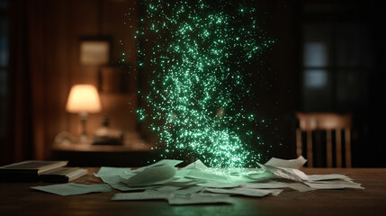 Hyperrealistic ledger pages float above a desk, disintegrating into vibrant neon particles. Dynamic motion and glowing fragments evoke digital transformation, finance, and data in a futuristic aesthet
