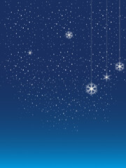 雪降る夜空と雪の結晶の冬背景（ブルー）ー グラデーションの青い夜空に小雪が舞い、オーナメント風の結晶が揺れる清潔感あるグラフィックデザイン素材。ポストカード、ポスター、メッセージカード、マスキングシートブックタイプ、フレークシールに最適。